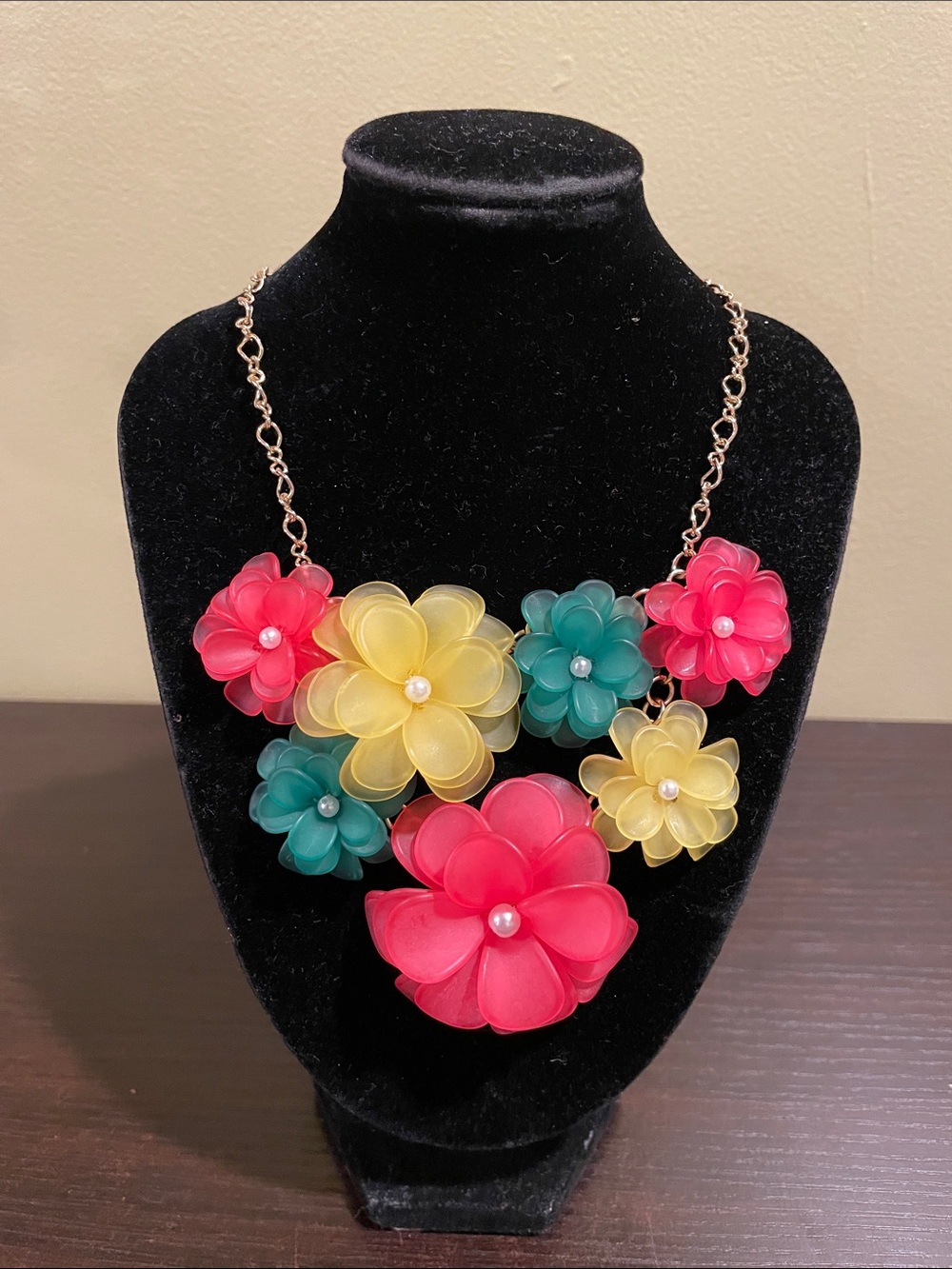 Bold Whimsical Floral Statement Necklace Vibrant Resin Blooms with Pearl Centers